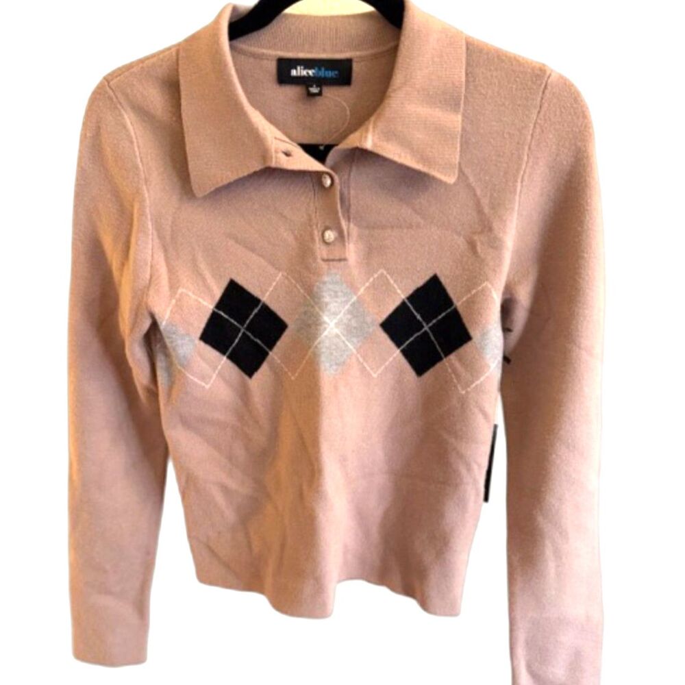 NWT Alice Blue Argyle Sweater Size M Collared Knit  Long Sleeve Top
